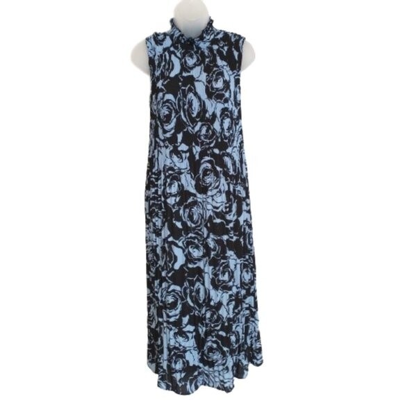 Chico's Black Label Crinkle Floral High Neck Sleeveless Dress Size 8 Black Blue - Picture 2 of 10